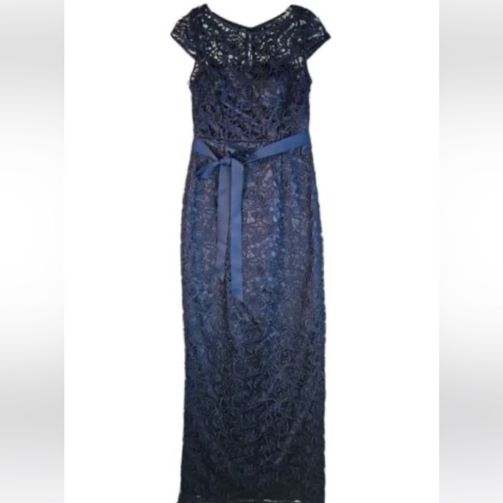 Adrianna Papell Cap-Sleeve Illusion Lace Gown - Midnight Blue Color - Size 14